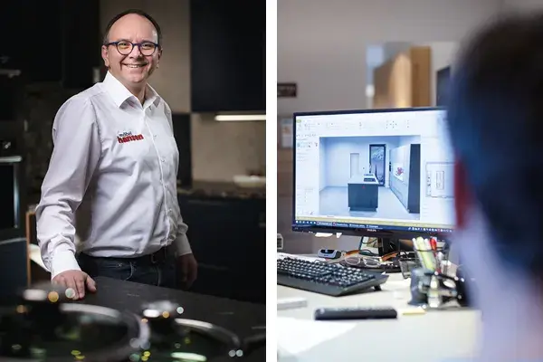 Küchenexperte von Möbel Hansen bei der Beratung vor Ort und 3D-Küchenplanung am Bildschirm – individuelle Küchenplanung vom Profi im Küchenstudio mit modernster Software und persönlichem Service.